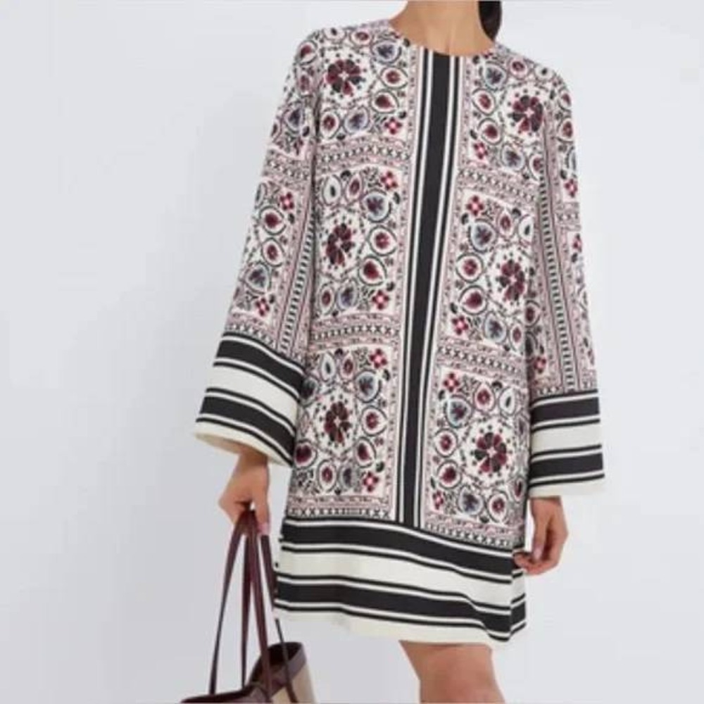 Tuckernuck XXS Floral Print Dress,‎ Black & White Stripe Trim, 3/4 Sleeve